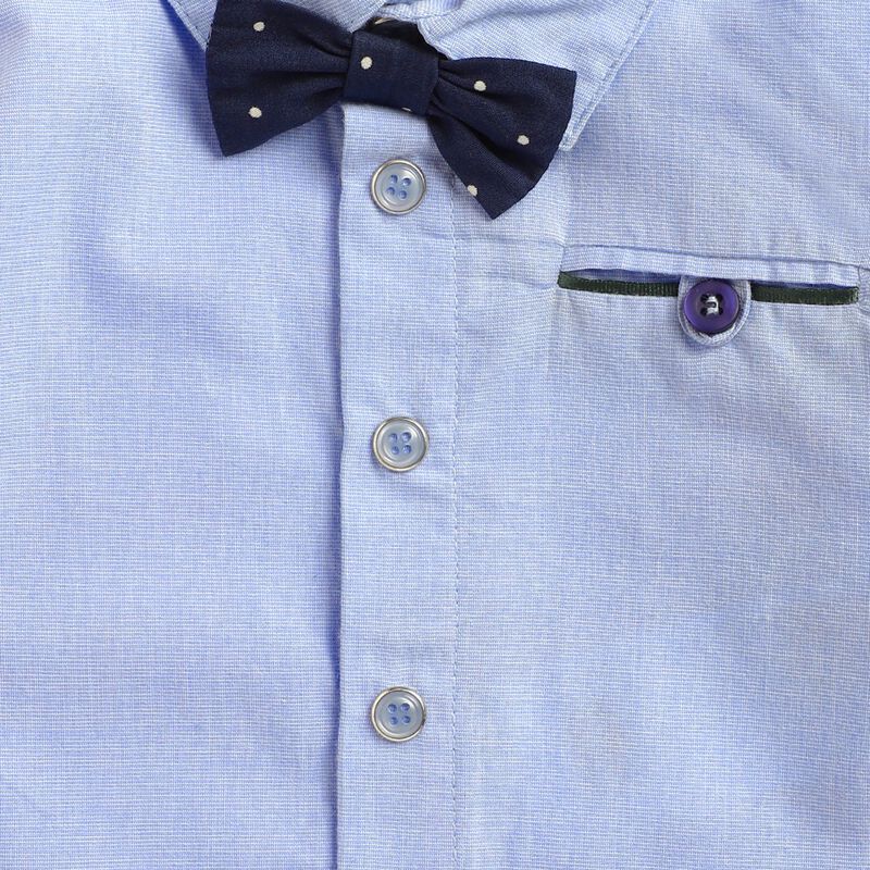 Long Sleeve Cotton  Shirt - Blue , With Bow image number null